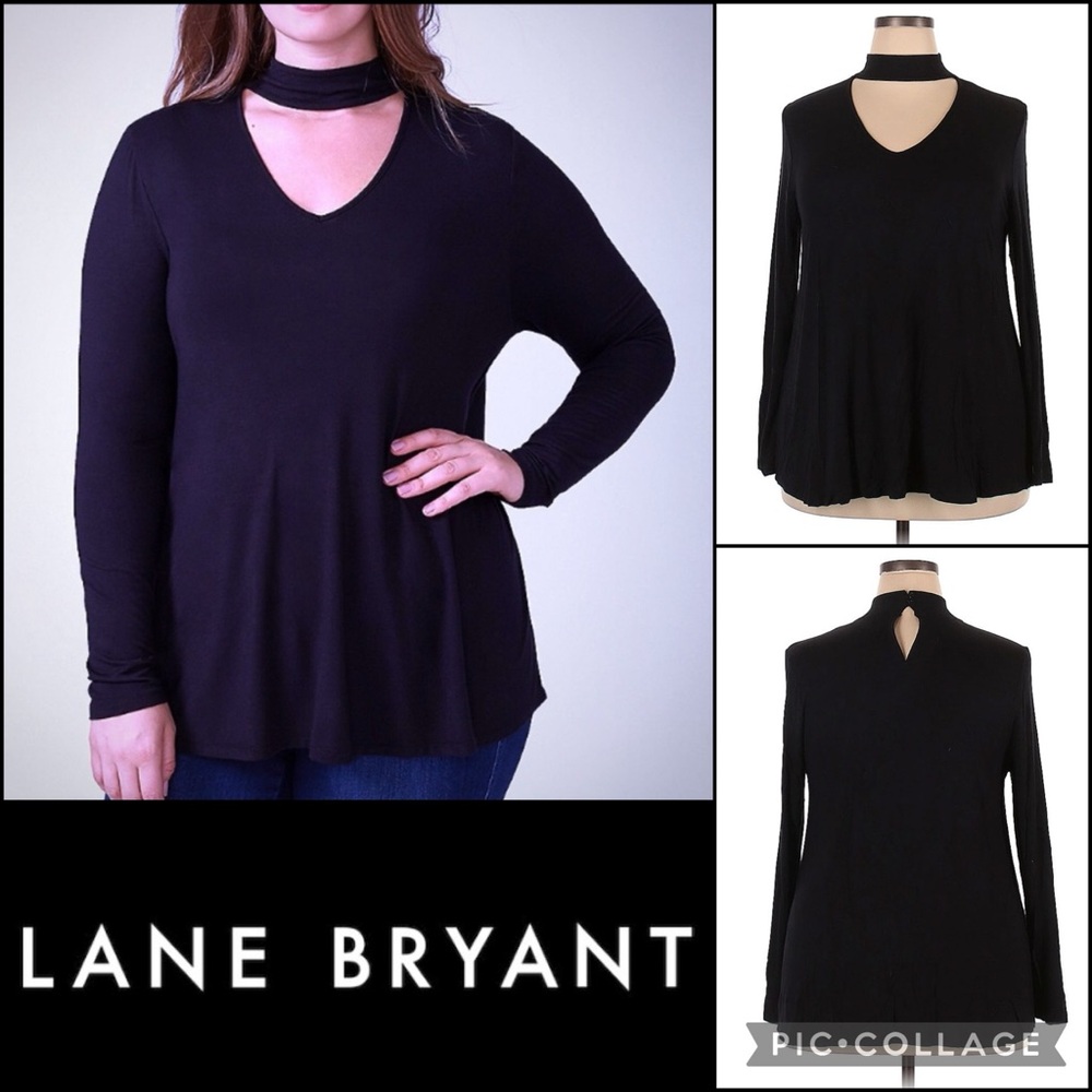 Lane Bryant Black Keyhole Choker Long Sleeve Jersey Knit Swing Tee Blouse Top